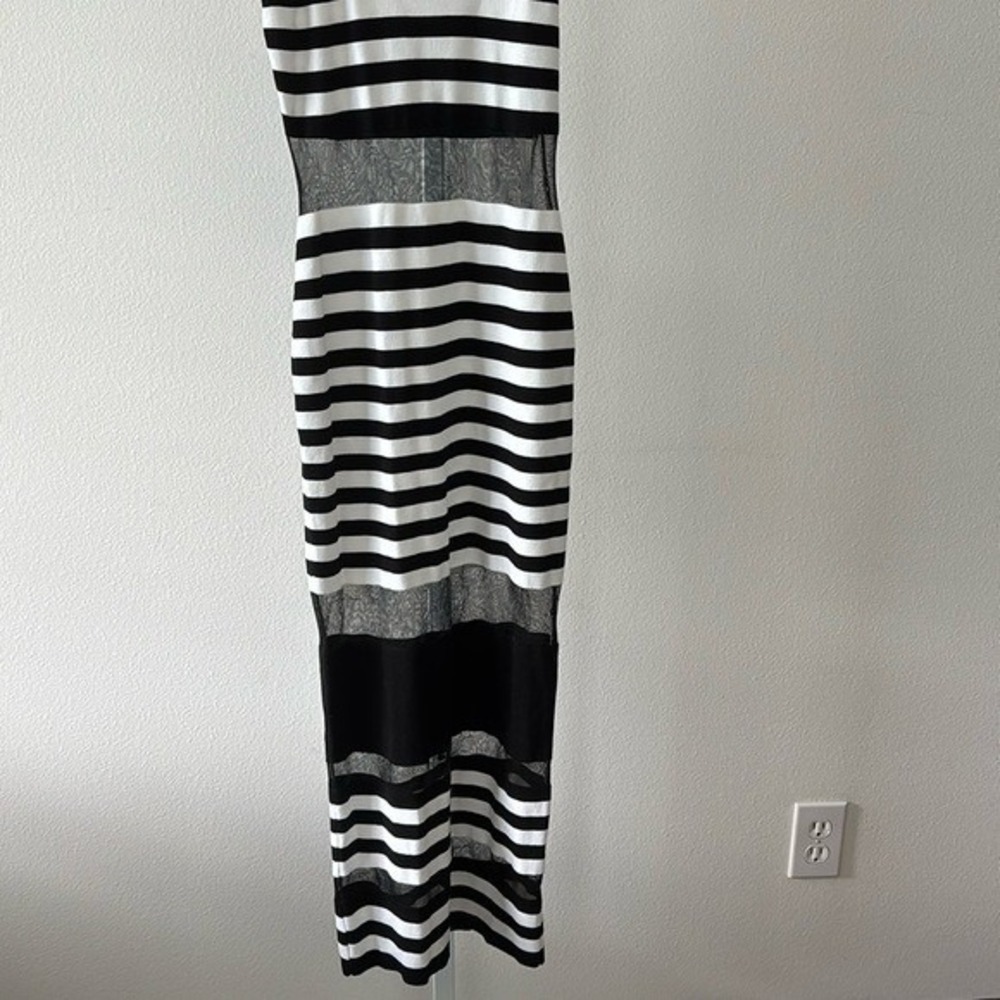 NWT Mesh Panel Dress M Y2K Black White Striped Bodycon Festival Streetwear Glam - Picture 12 of 16